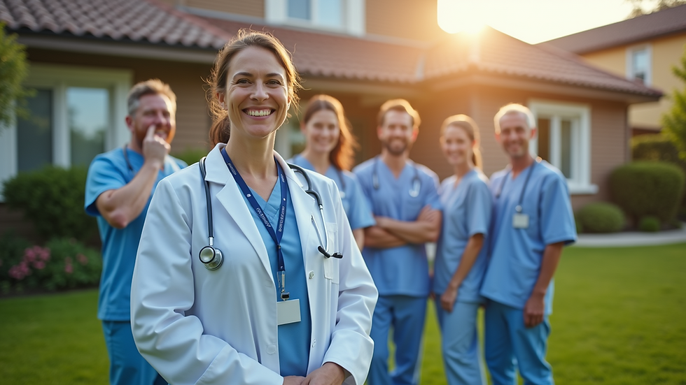 Wide angle view of a group of healthcare professionals celebrating in front of a home
