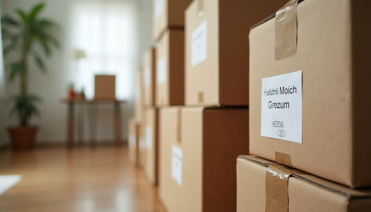 Close-up view of labeled moving boxes stacked neatly in a Florida home