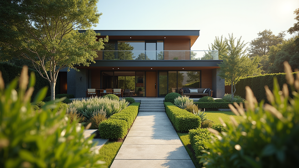 Eye-level view of a modern home exterior with welcoming garden