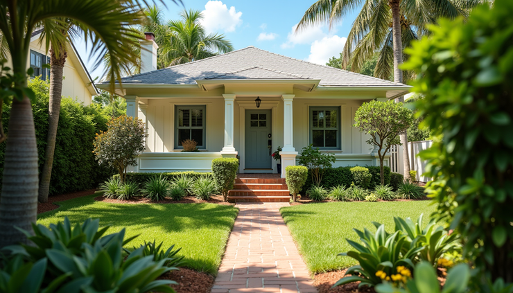 Eye-level view of a cozy Florida bungalow with a small garden