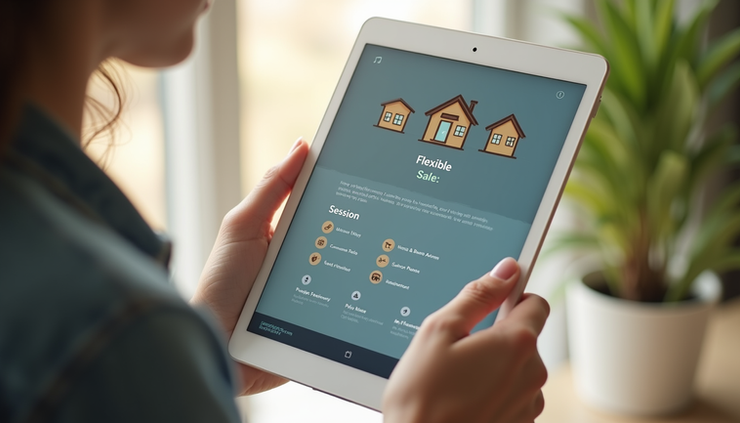 Close-up view of a tablet screen showing SeniorFLEXA home sale options