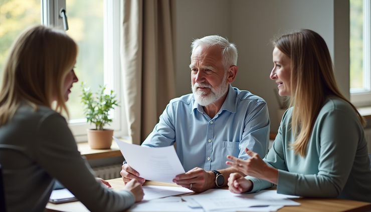 Eye-level view of a senior couple reviewing housing options with a real estate agent