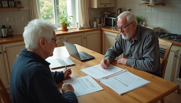 High angle view of a senior couple reviewing home sale documents at a kitchen table