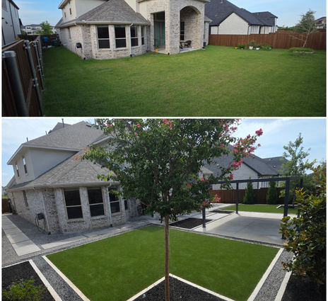 Before and after backyard transformation featuring artificial turf, decorative gravel, concrete borders, pergola, and modern landscaping for a home in Prosper, Texas.