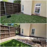 Dallas home side walkway artificial grass with rock landscaping before and after