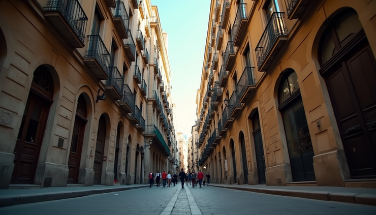 Eye-level view of Barcelona’s Gothic Quarter streets with historic buildings