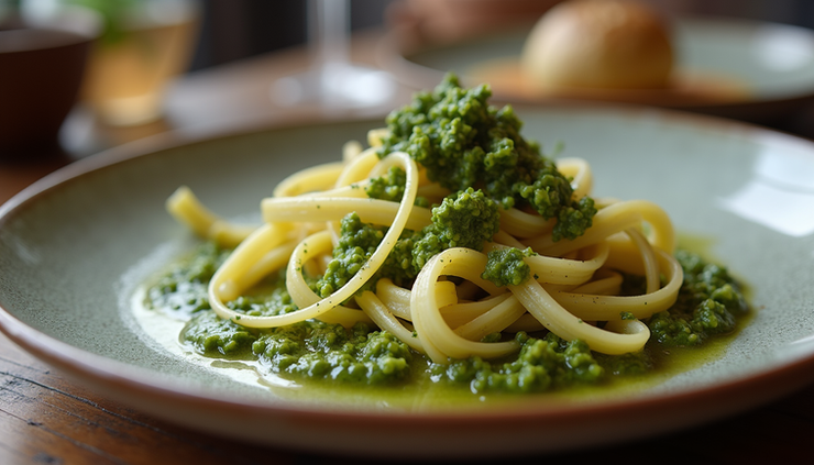 Eye-level view of a rustic plate of trofie pasta with fresh pesto sauce in a traditional Genoese restaurant
