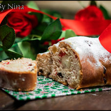 Stollen cake with red ribbon