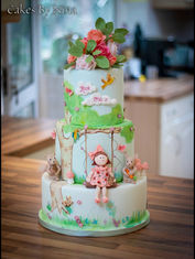 Stunning handpainted outdoor scene with a little girl on a swing and birds and little flower details