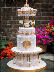 Pink and gold carousel birthday cake with lots of gold accents and pink detailing
