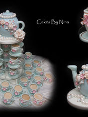 Vintage Tea Set original Cakes by Nina wedding cake with completely edible handmade teapot, saucer and individual edible teacup cakes decorated with vintage sugar flowers and pearls