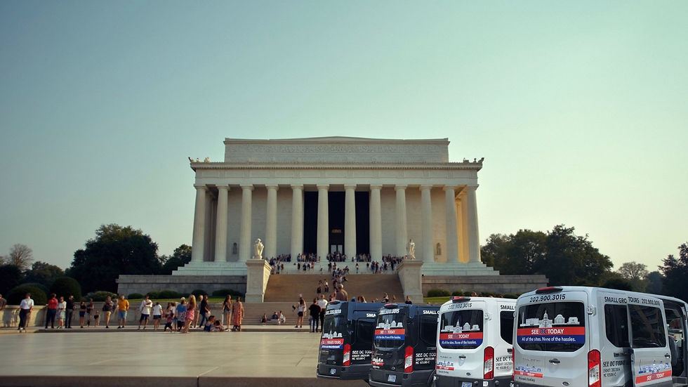 People gather at the Lincoln Memorial steps under a clear sky. Tour vans, labeled "SEE DC TODAY," park nearby. Energetic mood.