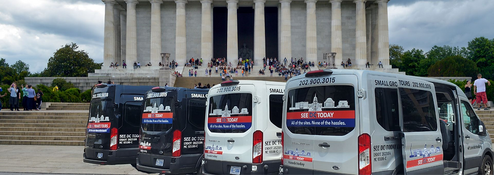 Tour vans parked at the Lincoln Memorial steps. Visitors sit and walk around. Vans advertise "See DC Today" tours. Overcast sky.
