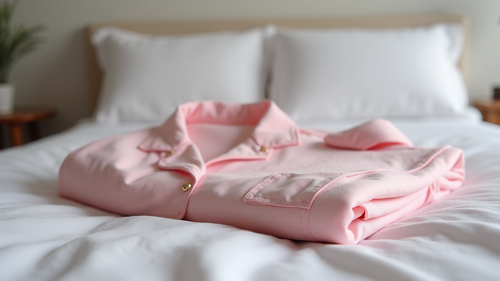 Eye-level view of light pink pajama set folded elegantly on a bed
