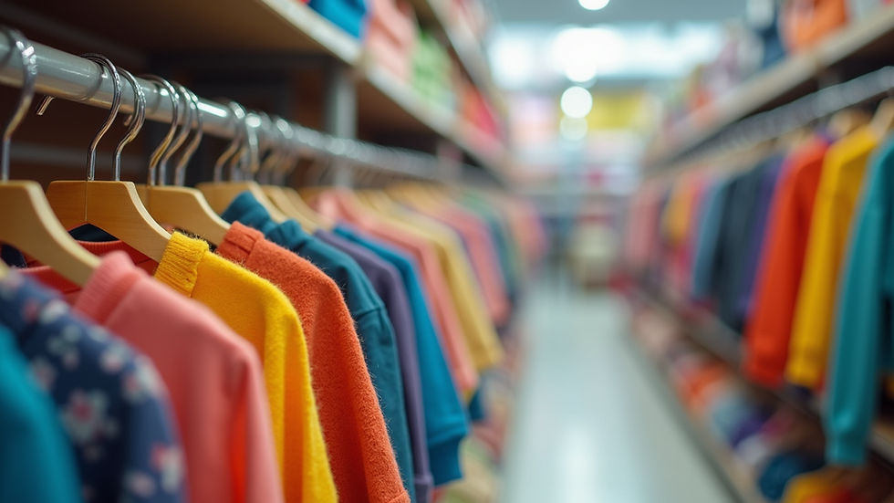Eye-level view of a colorful children's clothing rack in a store