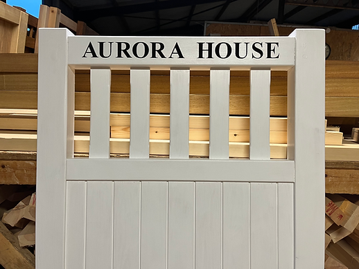 Painted Wooden Garden Gate with Black CNC Lettering Of A House Name Front View