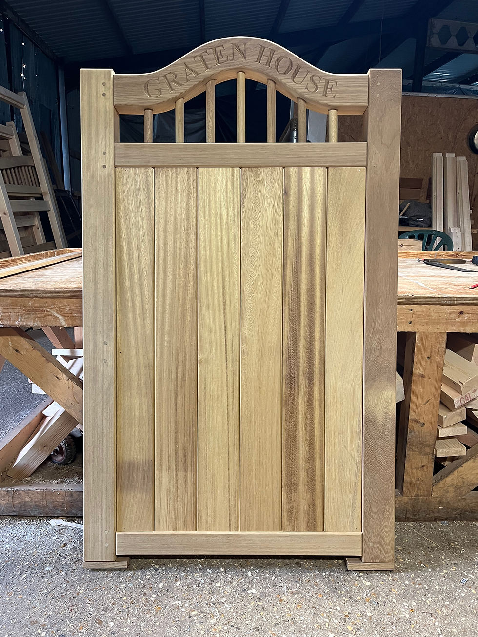 Thumbnail: Hardwood Swan Top Pedestrian Gate In Iroko. The Harper’s Gate.