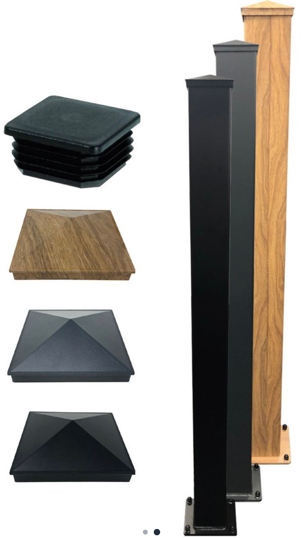 Thumbnail: Grey, Black and Wood Effect Aluminium Gate Posts And Weather Caps Front View