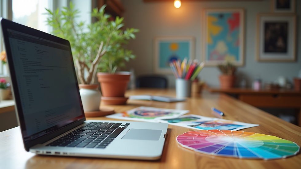 Eye-level view of a cozy workspace with colorful art supplies and a laptop