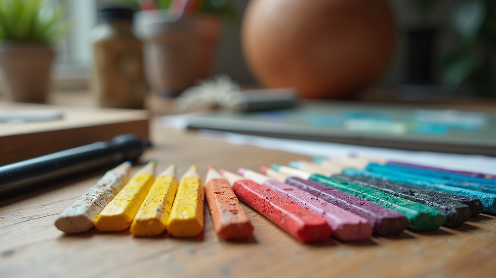 Close-up view of colorful art supplies arranged neatly on a wooden table