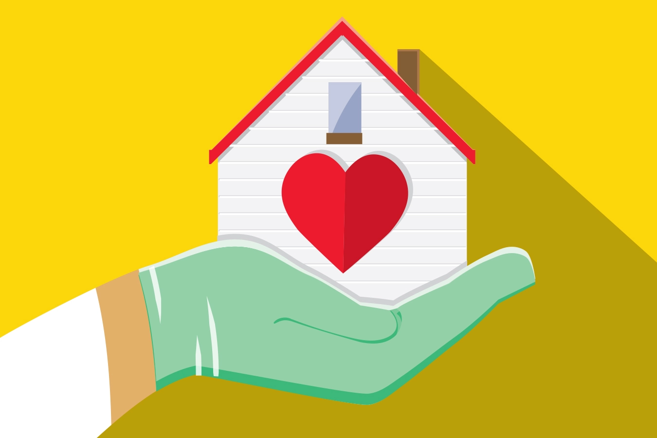 Picture of a gloved hand holding a white house with a red heart