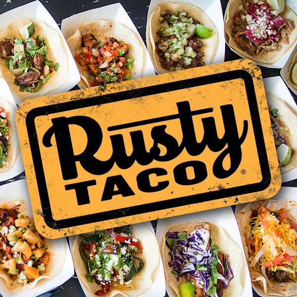 Picture of tacos with the Rusty Taco logo over the top