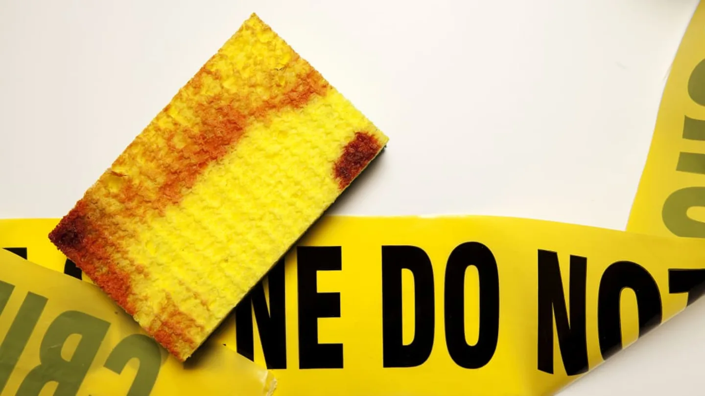 Picture of crime tape and a sponge covered in blood