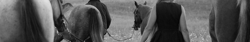women and man walking in a field with 4 horses