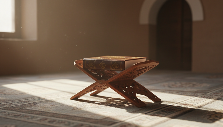 Close-up view of a closed Qurʾān resting on a carved wooden stand.