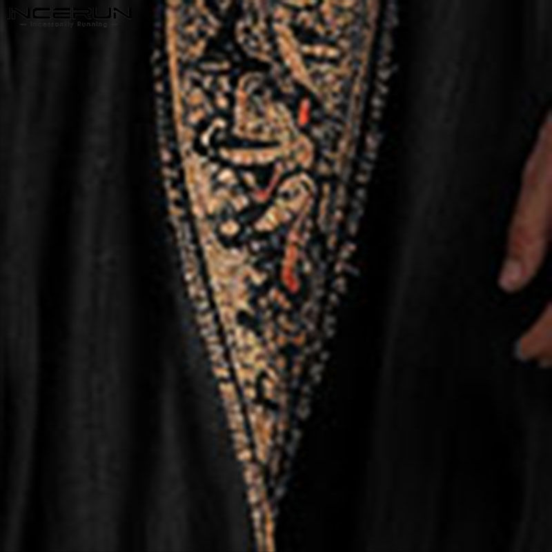 Thumbnail: INCERUN Men Jubba Thobe Printing Patchwork V Neck Long Sleeve Male Robes Muslim 