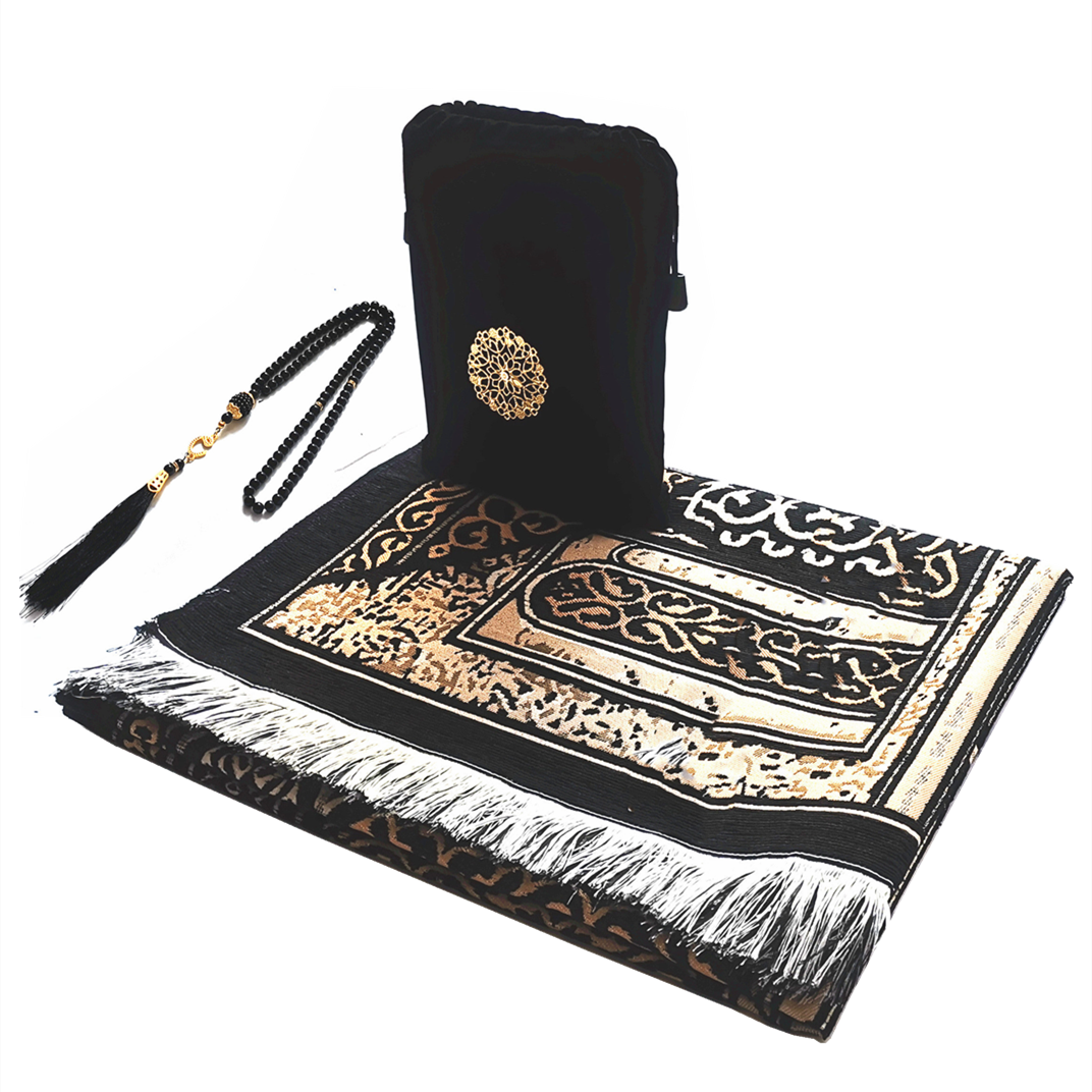 Muslim Prayer Rug Islamic Turkish Black Chenille Ramadan Washable Mat Woaven Isl