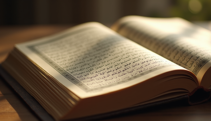 Eye-level view of an open Quran with highlighted verses from Surat al-A’raf