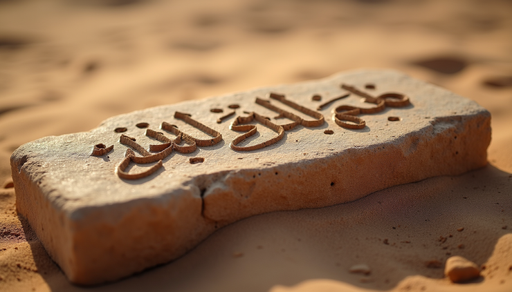 Eye-level view of an ancient stone tablet with Arabic inscriptions in a desert setting