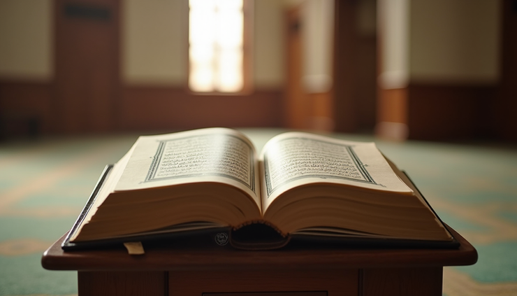 Eye-level view of an open Qur’an placed on a wooden stand in a mosque