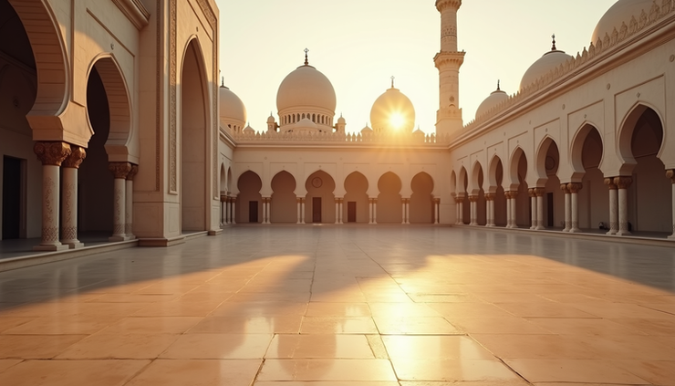 Eye-level view of a serene mosque courtyard with soft morning light