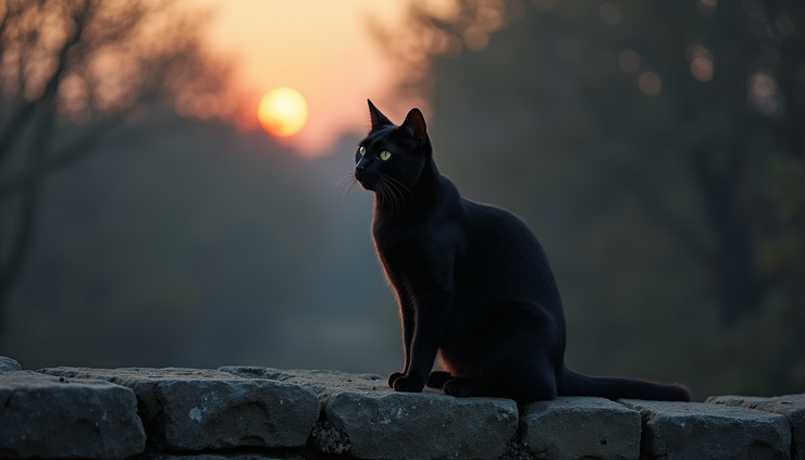 Eye-level view of a black cat sitting calmly on a stone wall at dusk