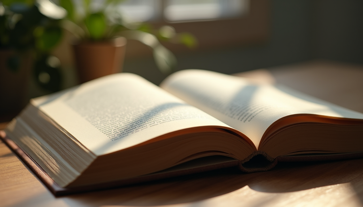Eye-level view of an ancient dusty book opened on a wooden table, symbolizing knowledge and caution
