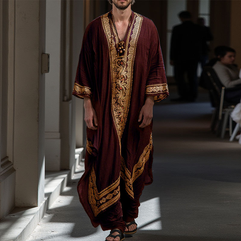 Thumbnail: INCERUN Men Jubba Thobe Printing Patchwork V Neck Long Sleeve Male Robes Muslim 