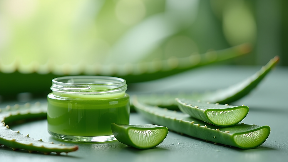 Close-up view of a fresh aloe vera leaf and jar of organic aloe gel