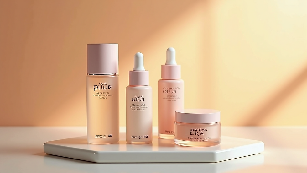 High angle view of a Korean skincare routine kit featuring serums and emulsions