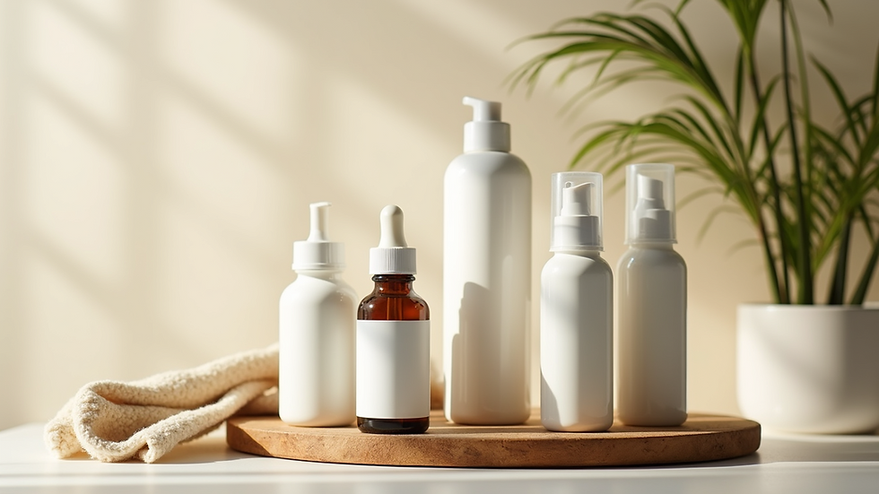 Eye-level view of a collection of organic skincare products