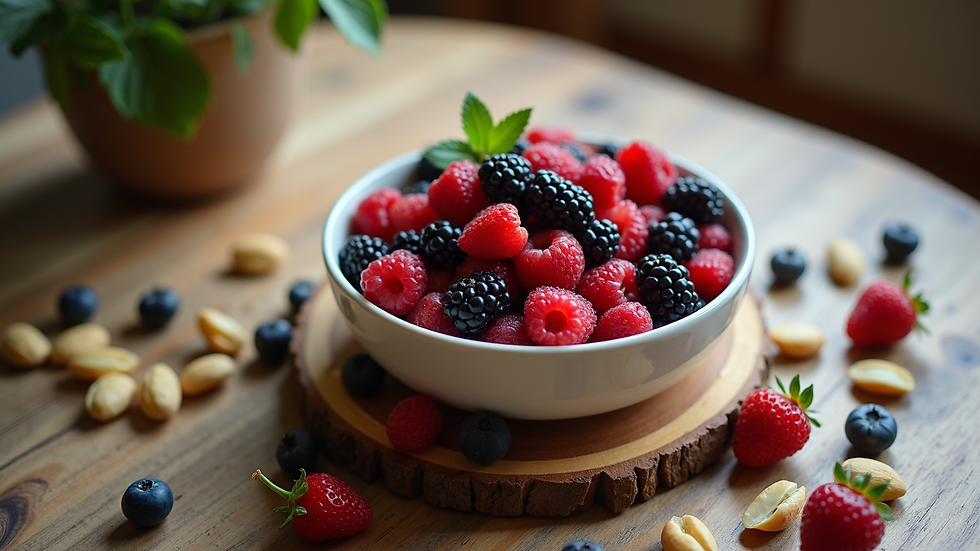 High angle view of a bowl of fresh berries and nuts on a kitchen table
