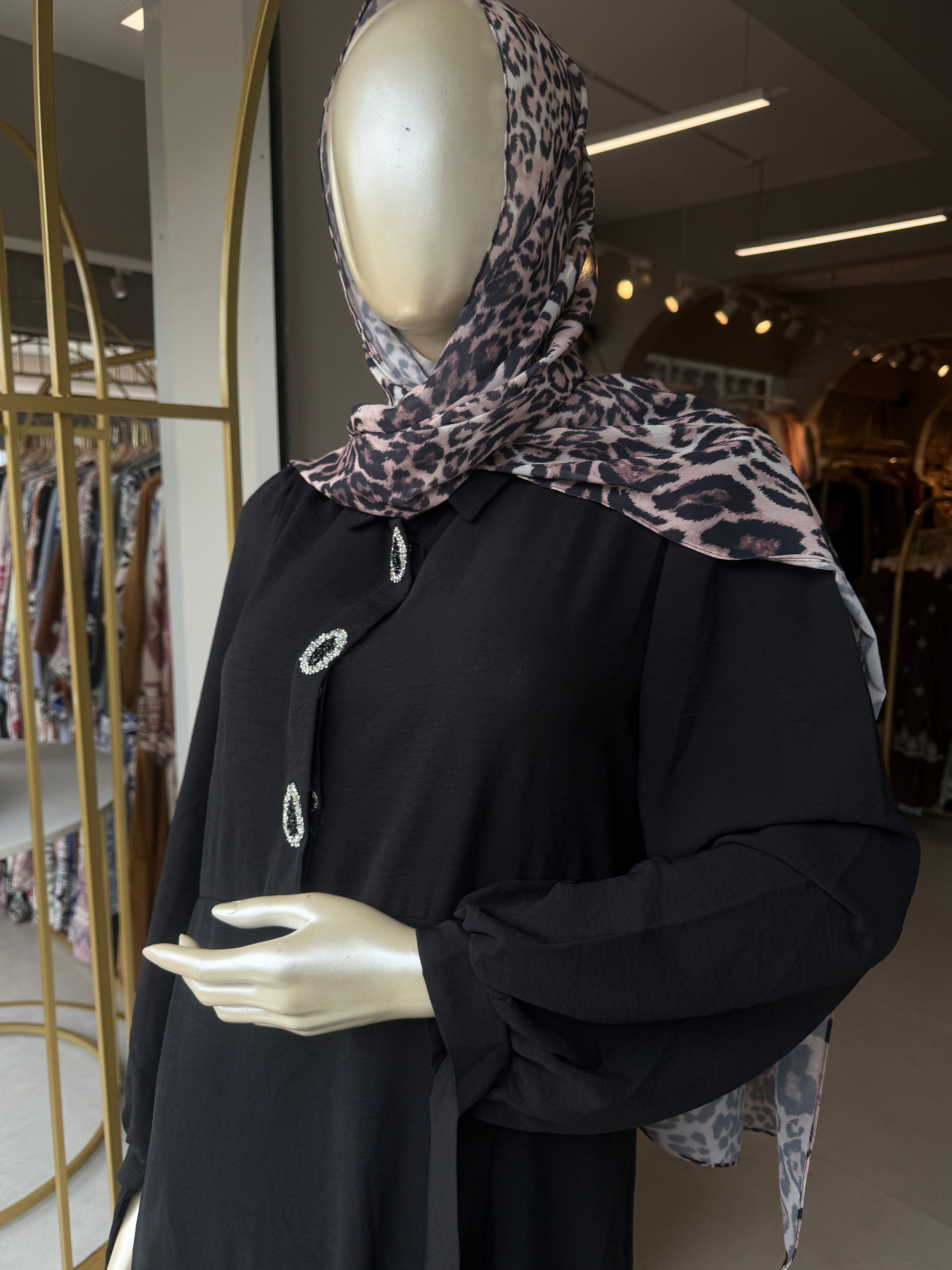 1005 - BLACK TURKISH GOWN WITH ANIMAL PRINT HIJAB