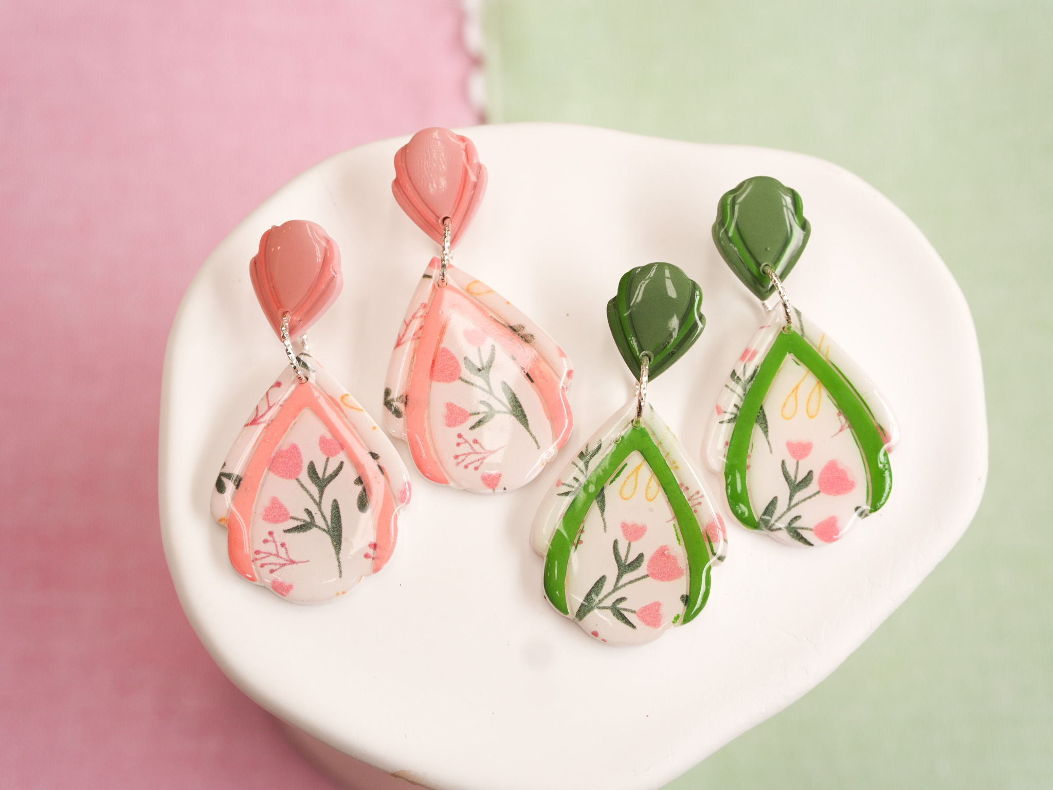Scalloped Teardrop Tulip Print Statement Earrings: Pink or Green