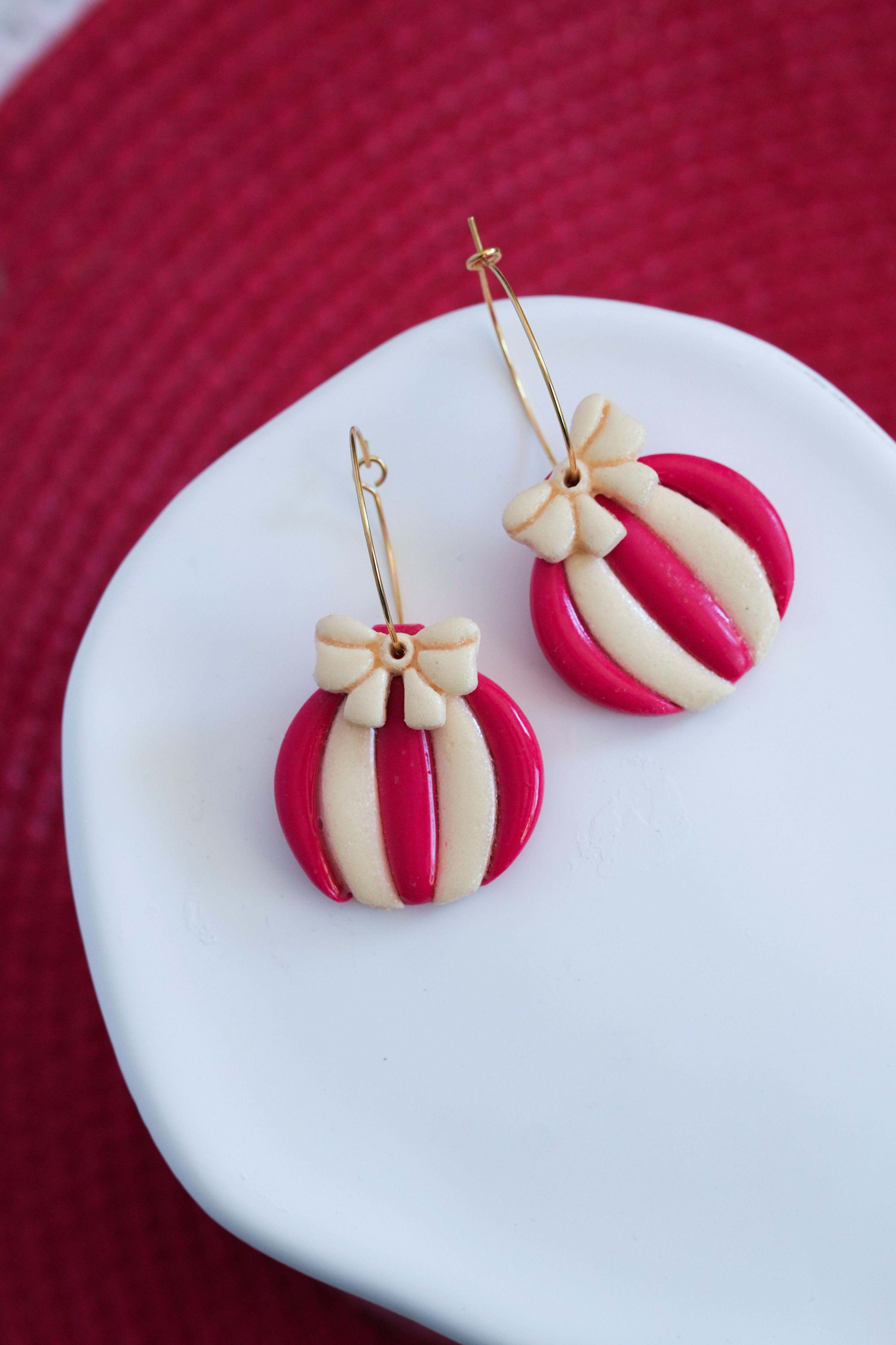 Candy Stripe Glittered Christmas Bauble Hoop Earrings with Detachable Bow