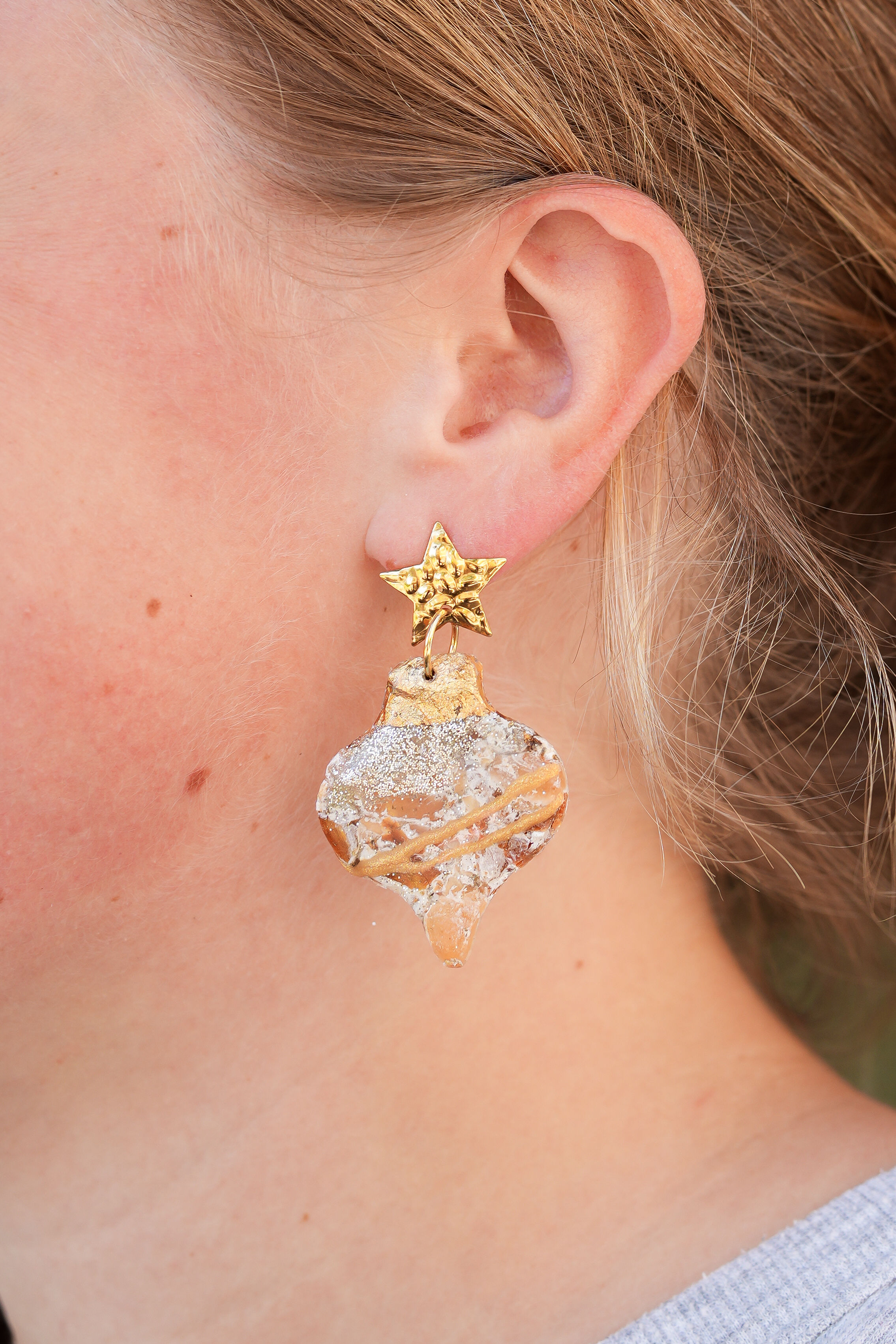 Golden Glittered Christmas Bauble Statement Earrings with Golden Hammered Stars