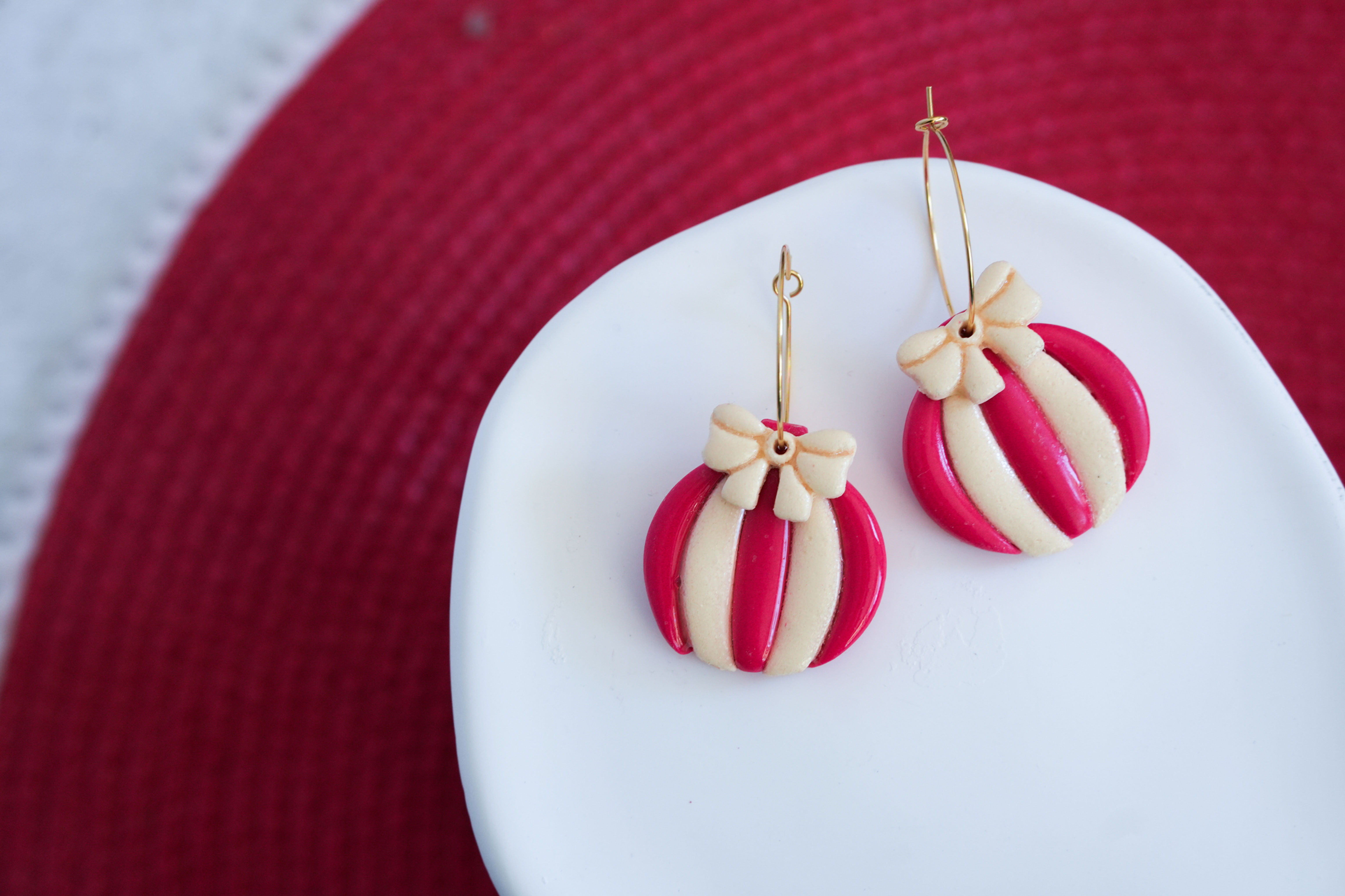 Candy Stripe Glittered Christmas Bauble Hoop Earrings with Detachable Bow