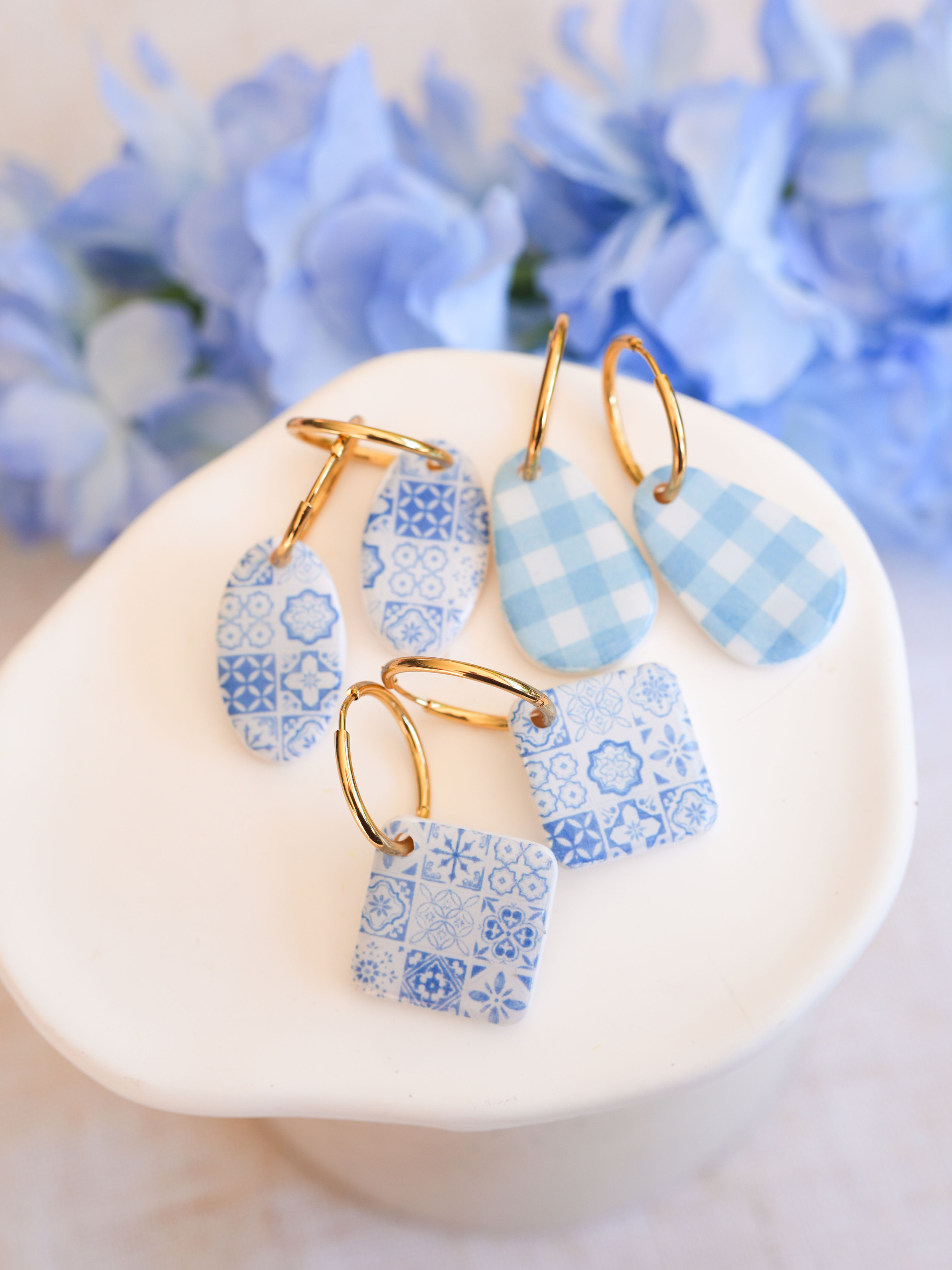 Limited Edition Blue & White Polymer Clay Hoop Earrings | Choose Your Style