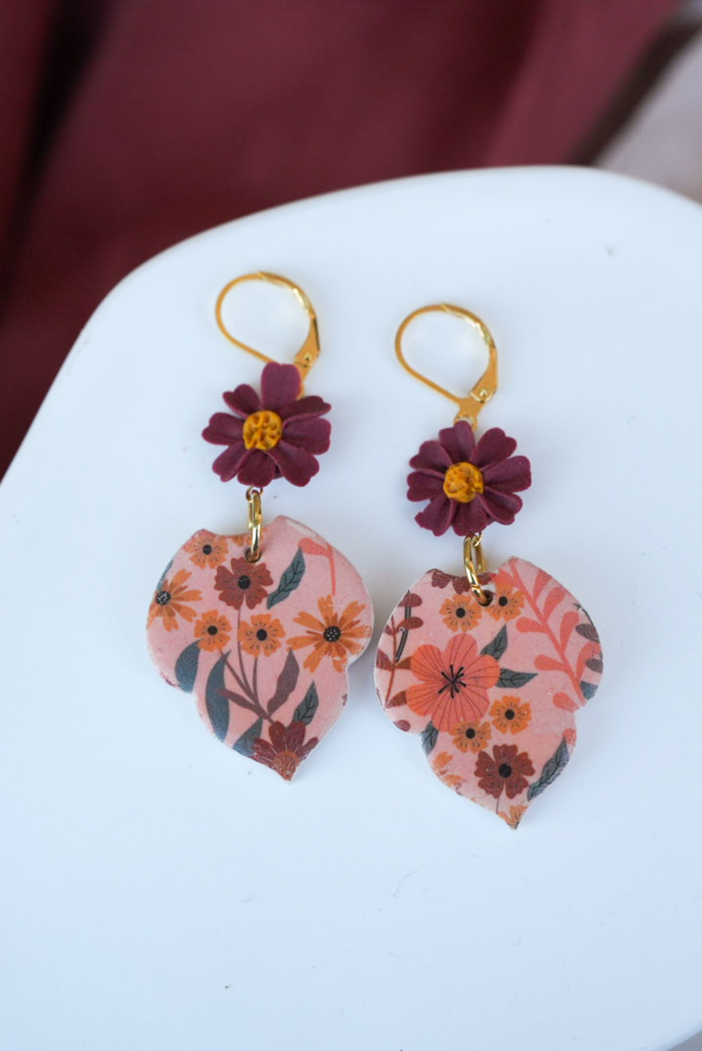 Hannah Burgundy Floral Patterned Earrings