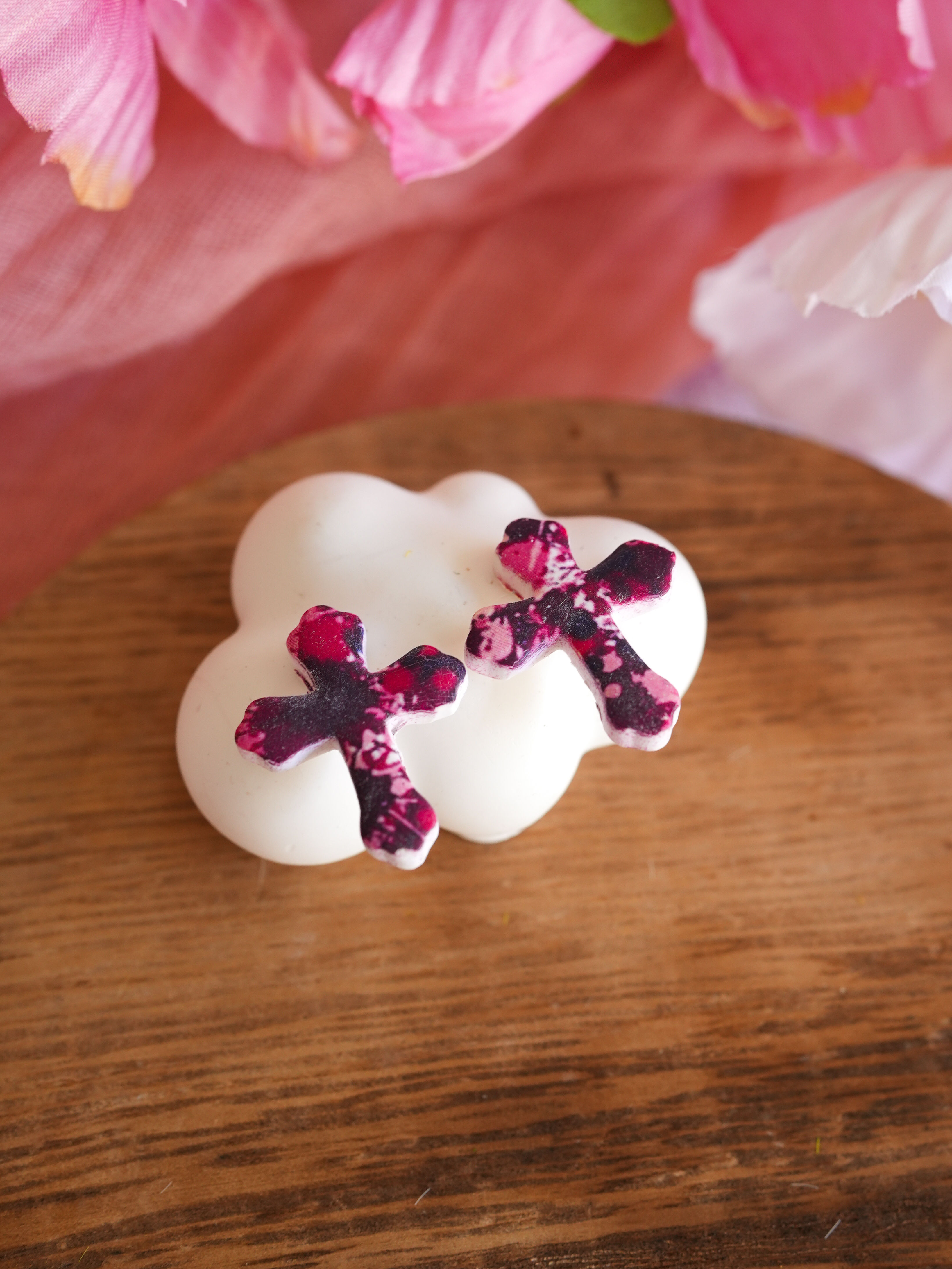  Pink Floral Cross Polymer Clay Stud Earrings | Christian Earrings
